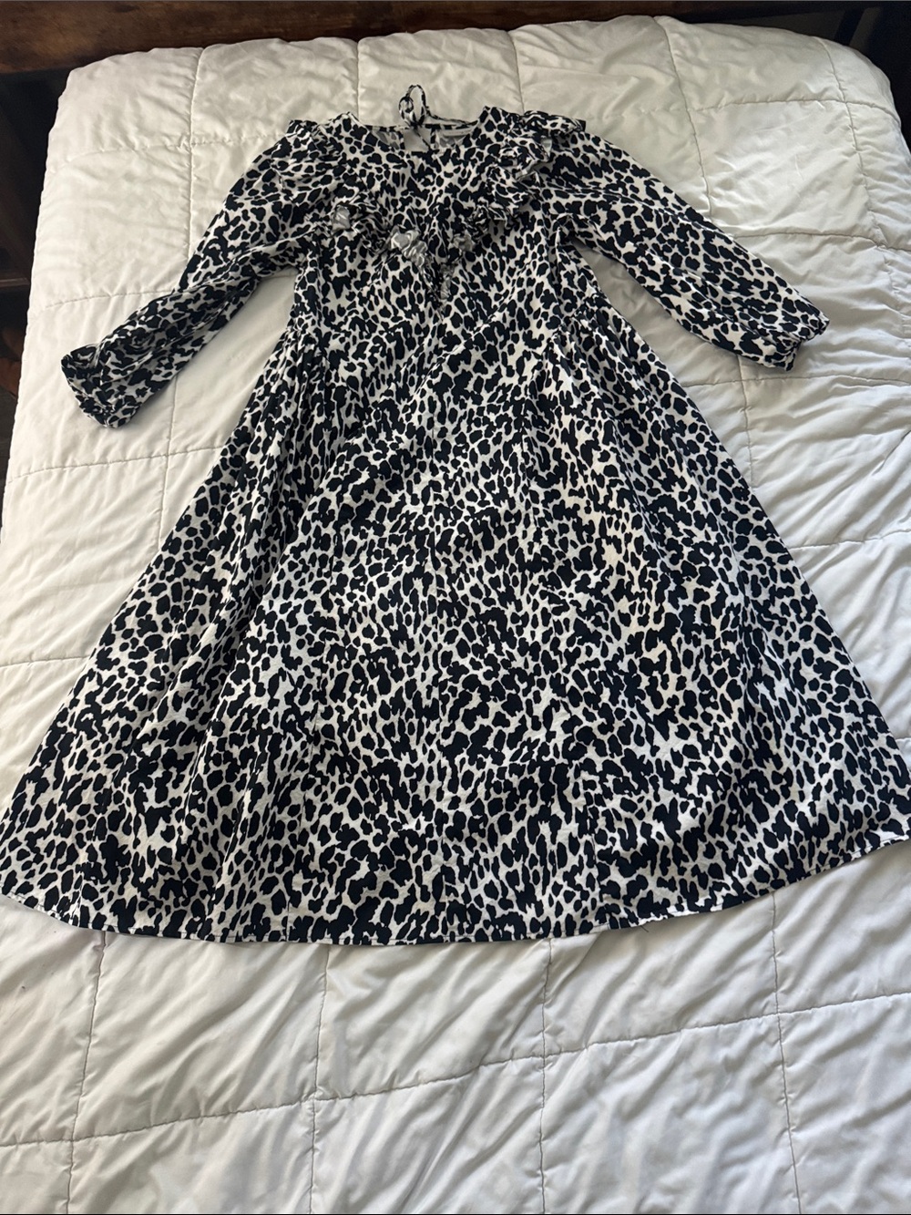 Sandy Liang Black and White Leopard-Print Long Sleeve Dress